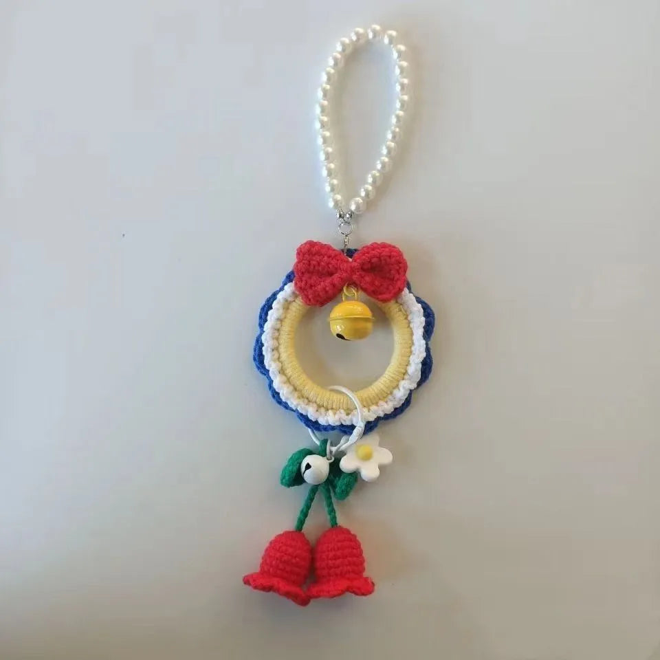 Snow White handmade plush yarn weaving car hanging with red wind chimes as a two-piece decorative set