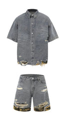 Cut edge stitching leopard print denim short sleeve suit set with black top and shorts