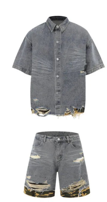 Cut edge stitching leopard print denim short sleeve suit set with black top and shorts
