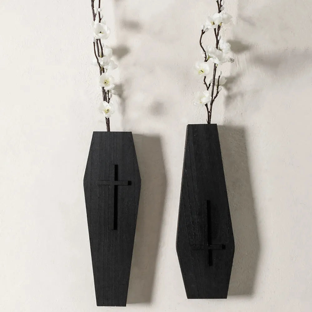 Wooden cross wall shelf with flat top for vase display in rustic brown finish