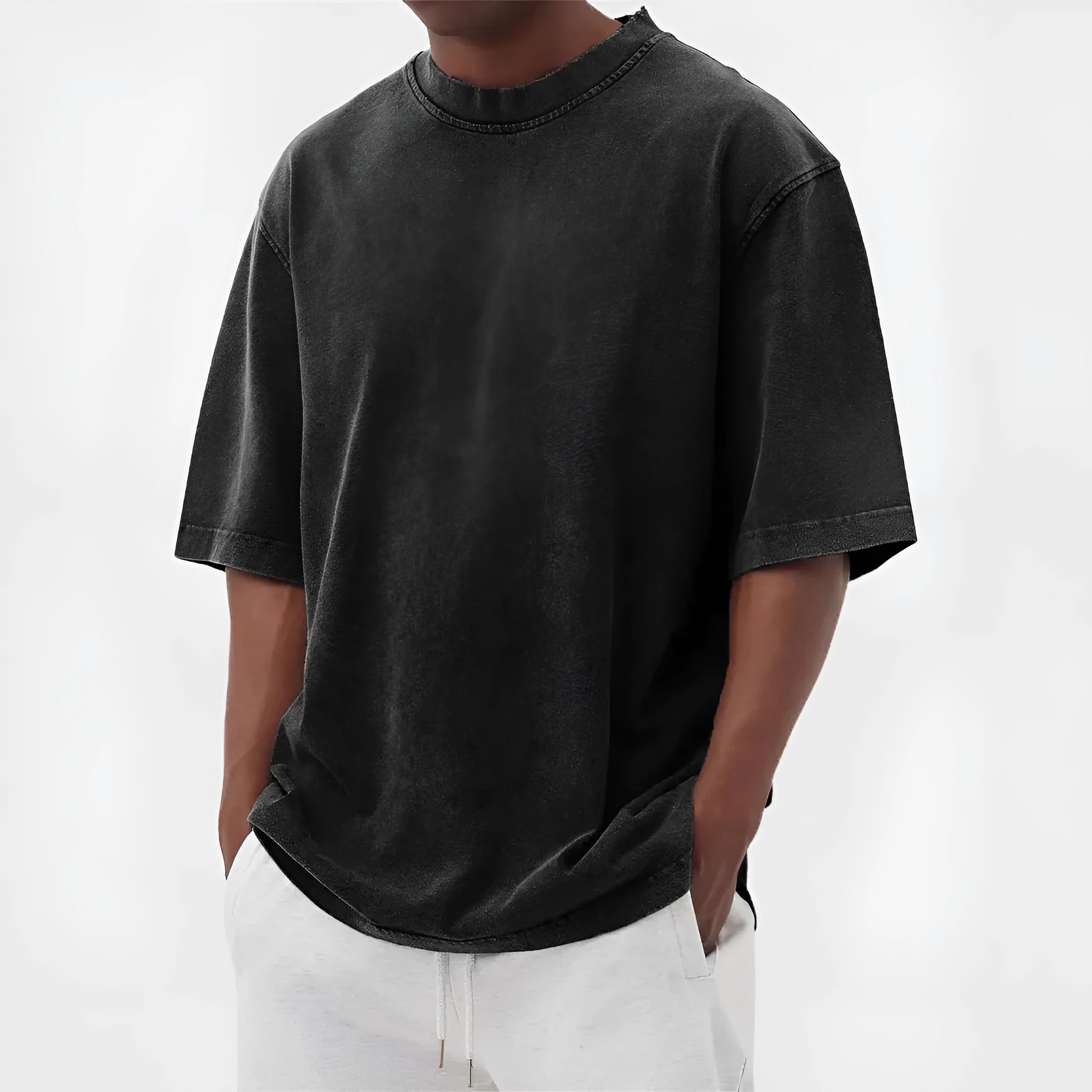 Men's stone-washed loose-fit pullover T-shirt in army green distressed solid colour