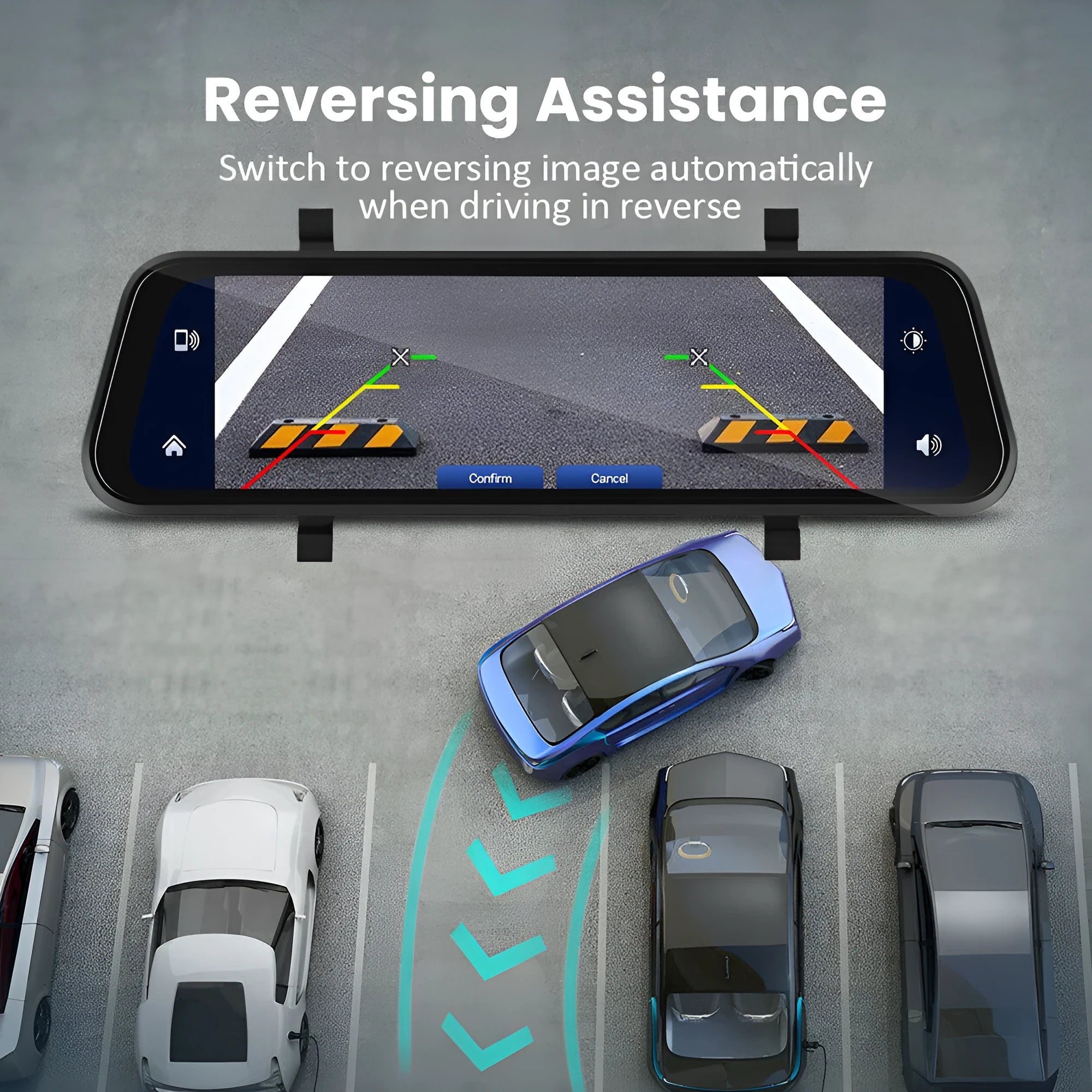 9.66-inch HD car dashcam and reversing camera system with mounting kit on a table