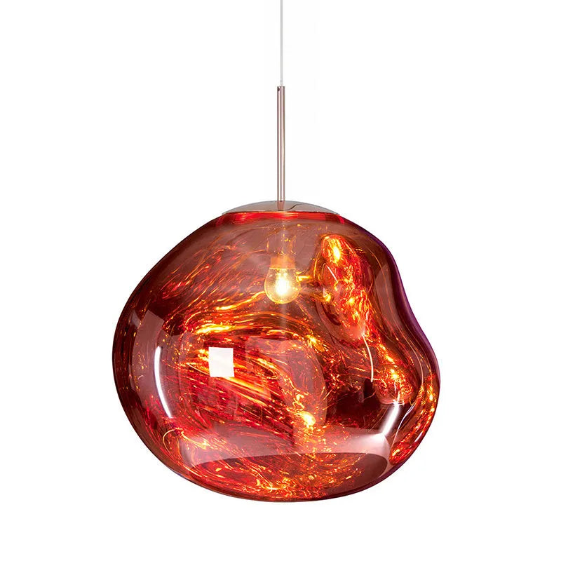 A modern irregular shaped glass chandelier with a Nordic design in a gold finish, hanging from a ceiling.