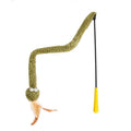 Green cat teasing stick with feather attachment measuring 140cm long