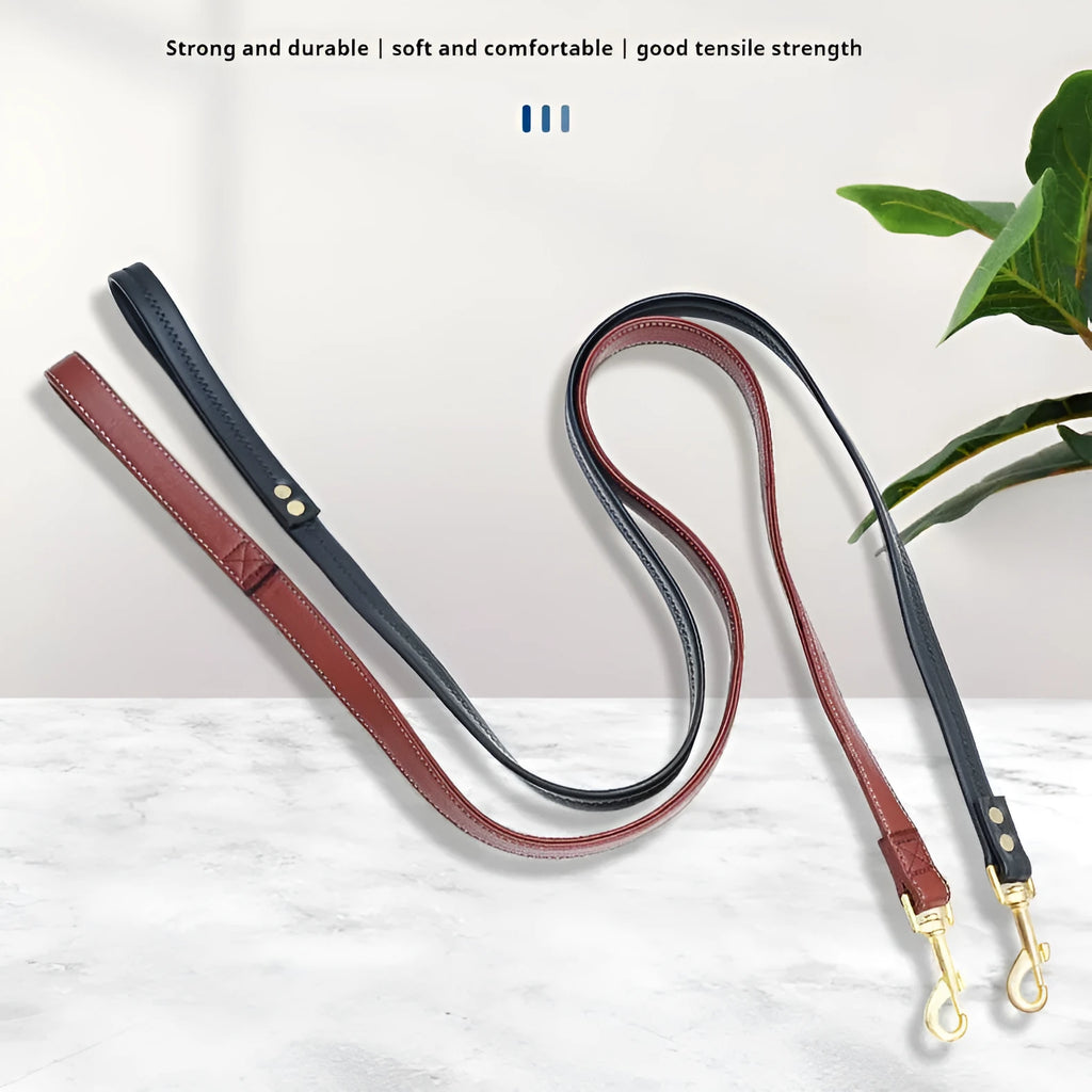 Black PU leather pet traction belt showing length and clip for dog walking