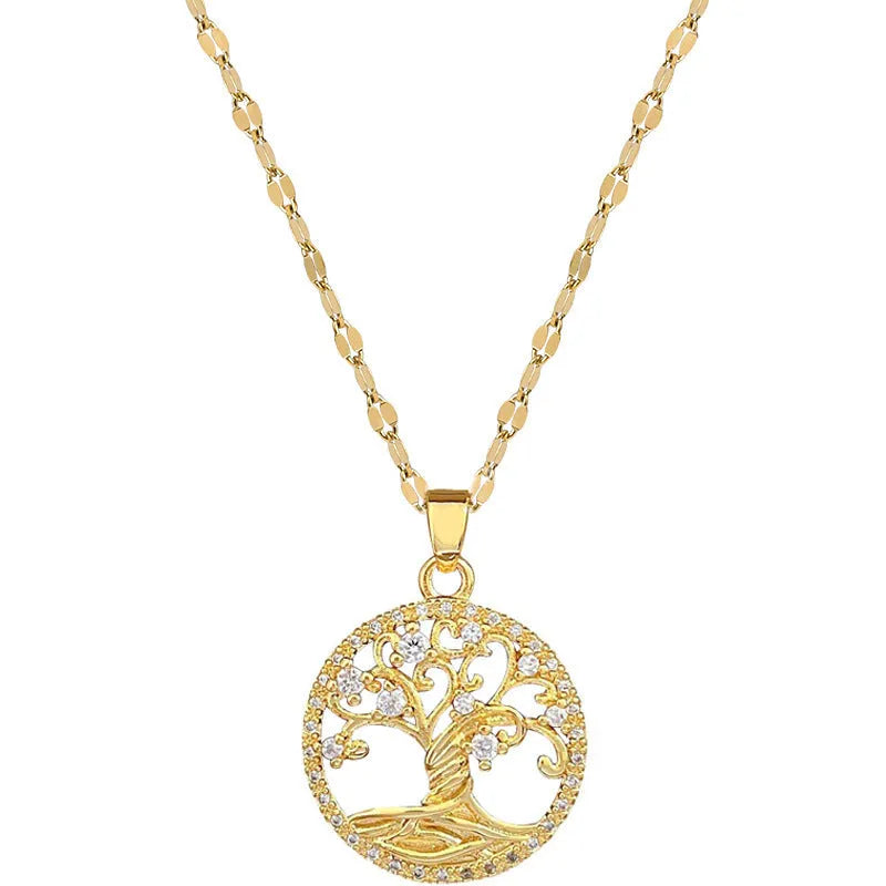 Gold-plated necklace with mother pearl shellfish pendant and rhinestone lucky tree design on an adjustable chain.