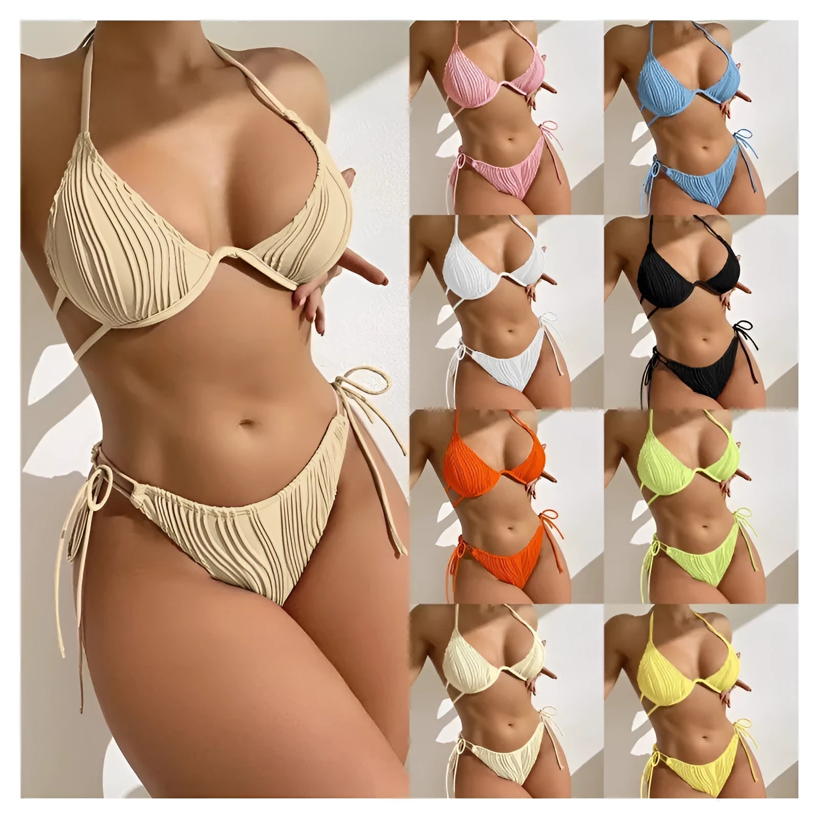 Women's black bikini swimsuit with steel bracket underwire on a mannequin.