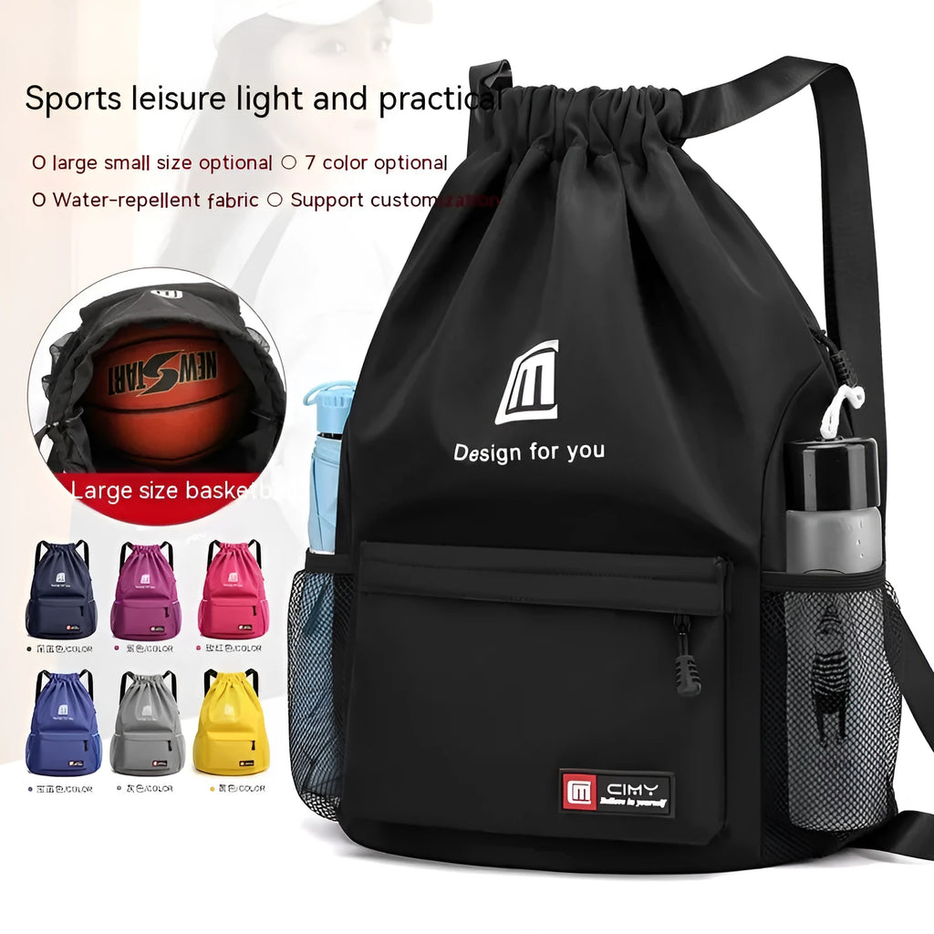 Oxford drawstring backpack in bucket shape with pull-cord closure and water-repellent fabric