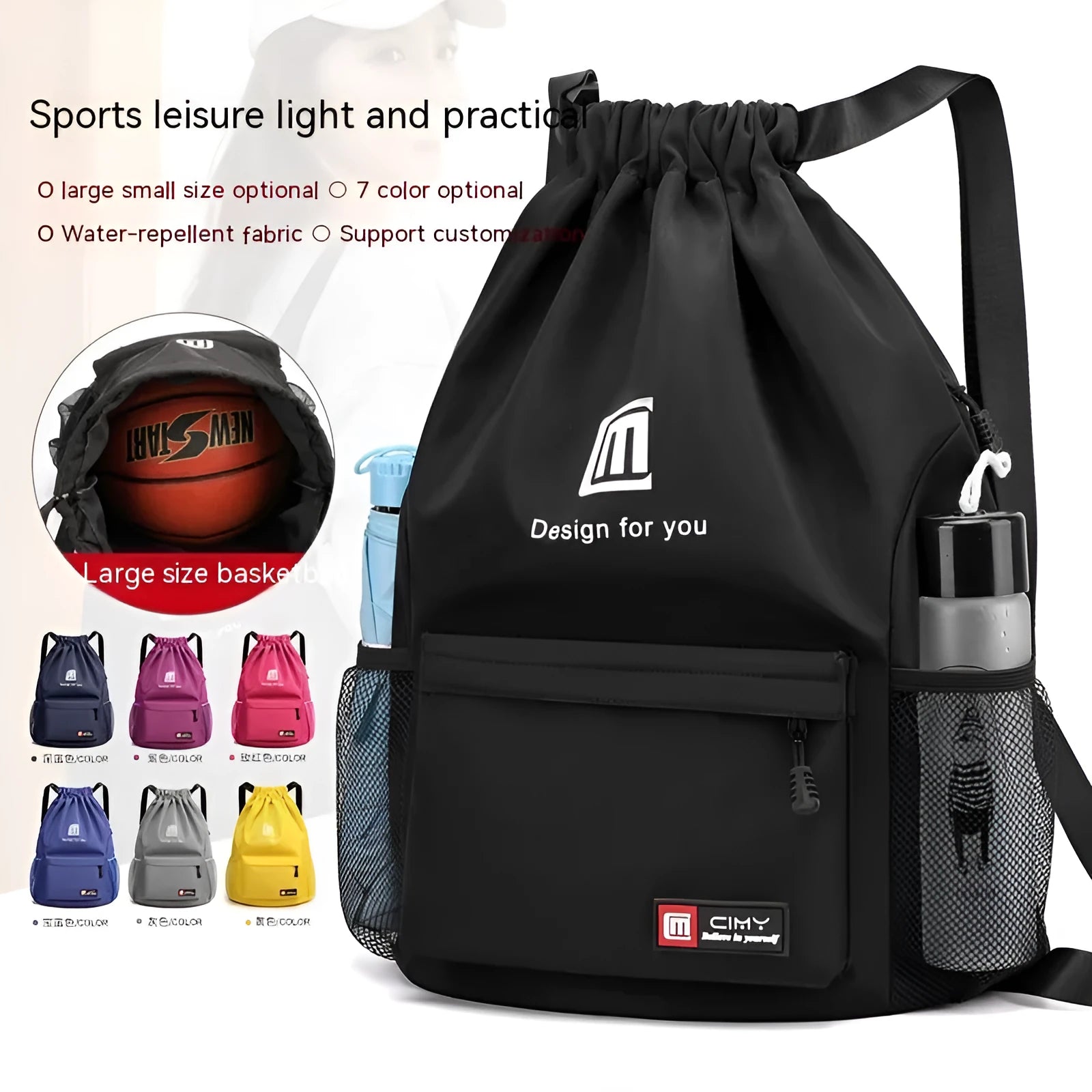 Oxford drawstring backpack in bucket shape with pull-cord closure and water-repellent fabric