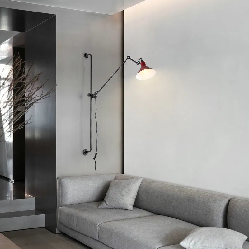 Rotating rocker arm wall lamp with plug, Nordic style iron lampshade, black lamp body, warm bulb