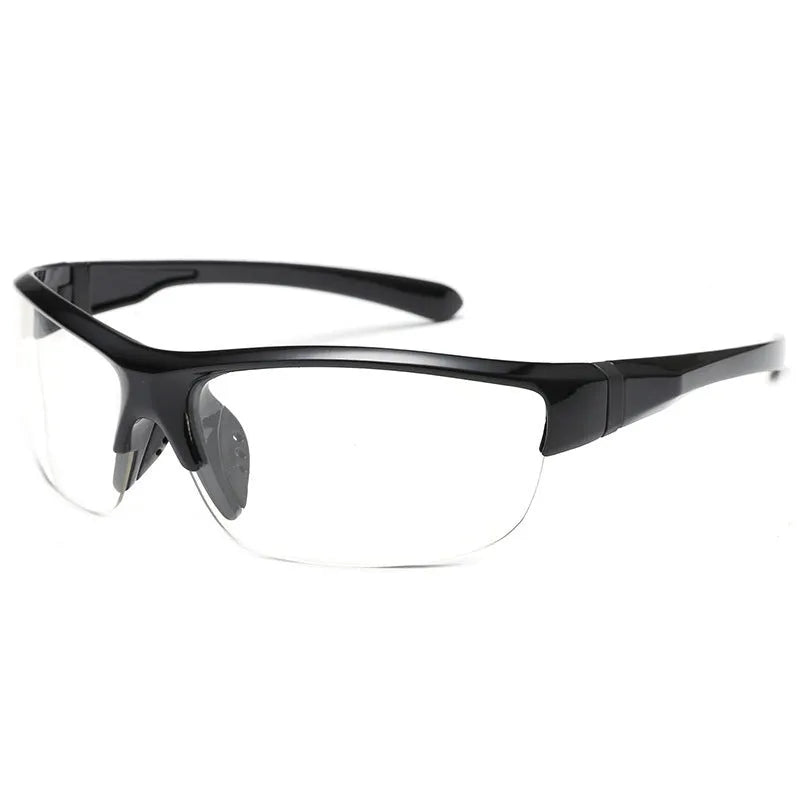 Men's windproof cycling sunglasses with a semi-frameless frame in a Bright Black colour option.