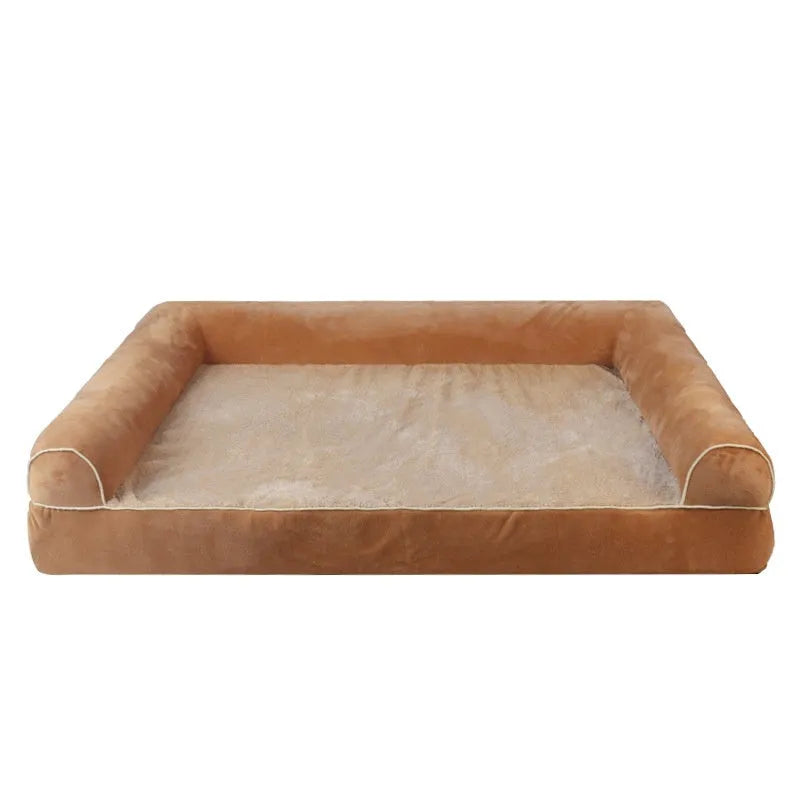 Square cloth dog bed with sponge filling, shown in blue, dimensions example 75cm long by 50cm wide.