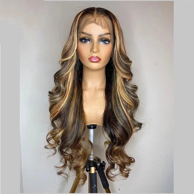 Long curly front lace wig with 134 gradient colour and side bangs made from high-temperature fibre.