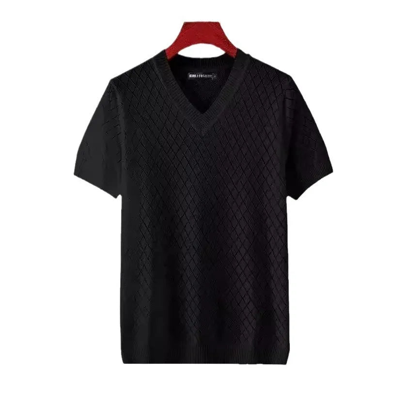Man wearing a black Korean-style ice silk V-neck t-shirt, showcasing the cut-out detail and casual fit.
