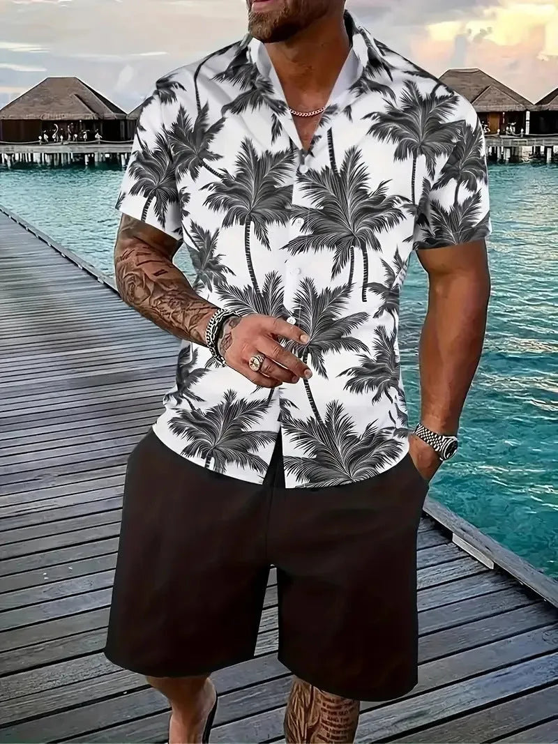 Men's 3D printed Hawaiian pattern short sleeve shirt and matching shorts co-ord set.