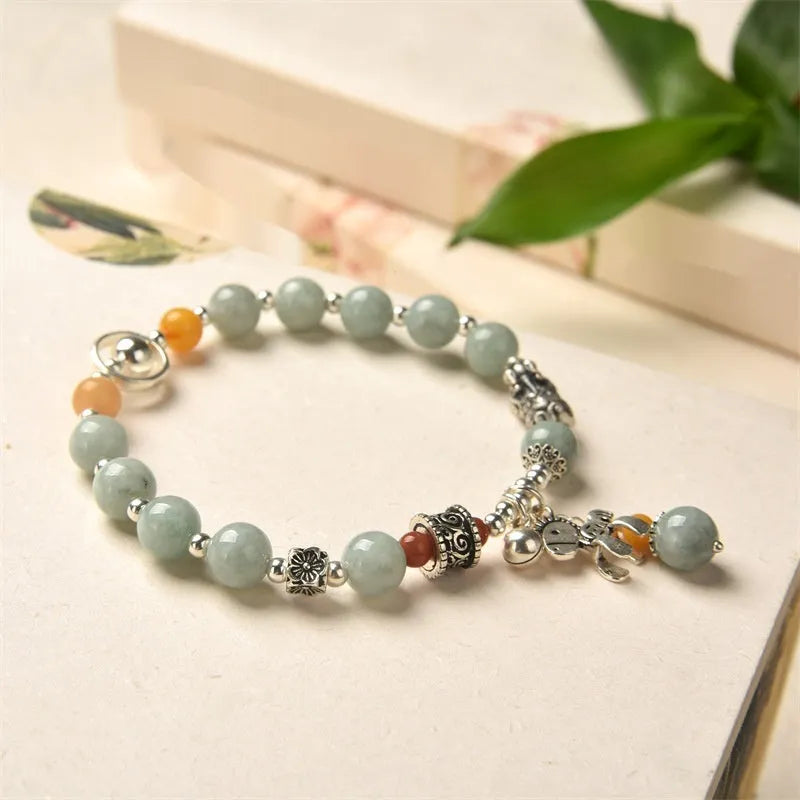 Natural emerald vintage bracelet with jade stone and antique alloy setting in retro style