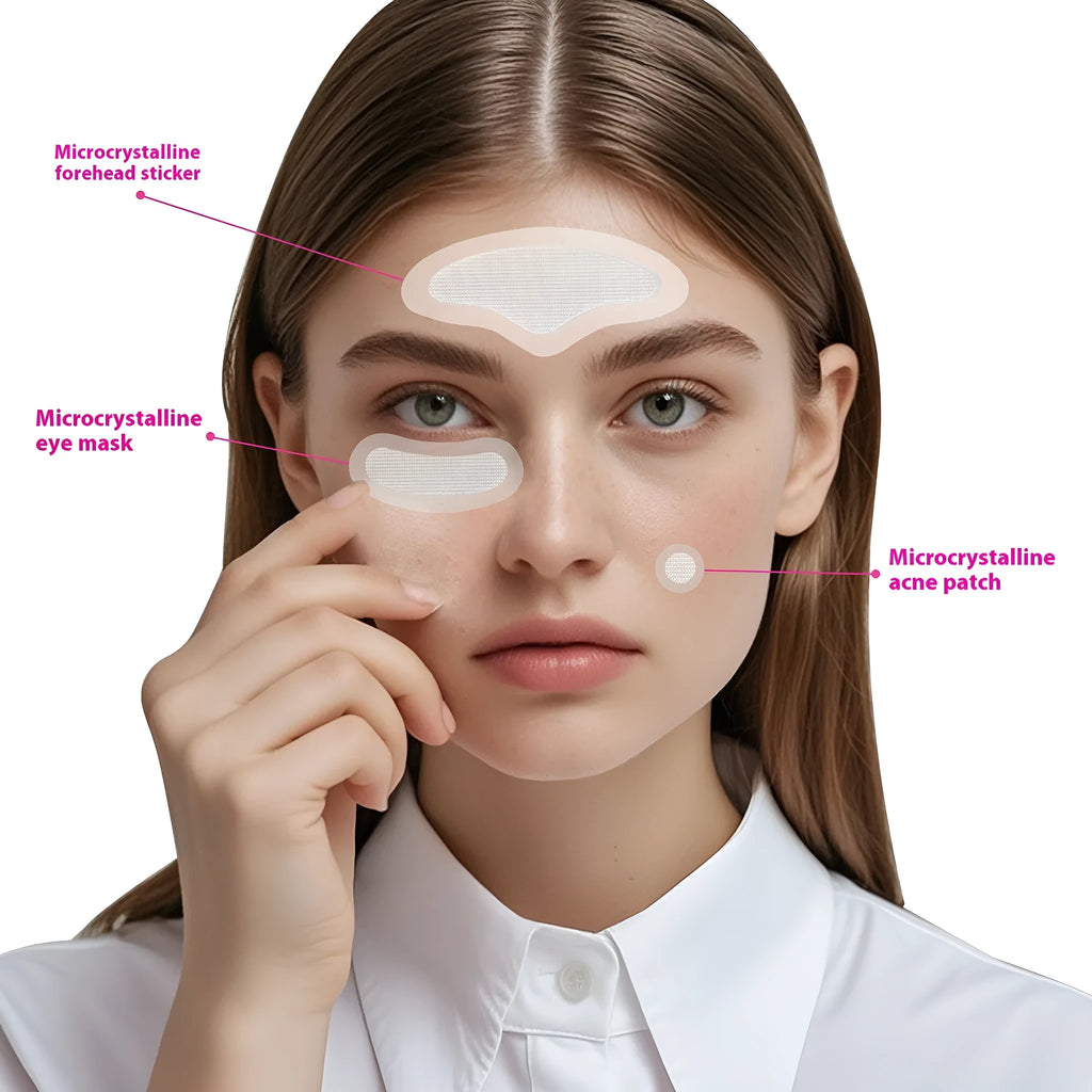 Transparent hydrocolloid microcrystalline acne patches showing single patch and nine-piece pack formats