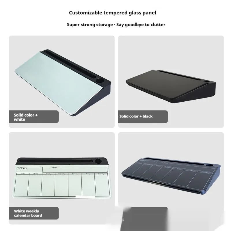 Table top glass whiteboard 18x40cm in black finish on a desk with markers