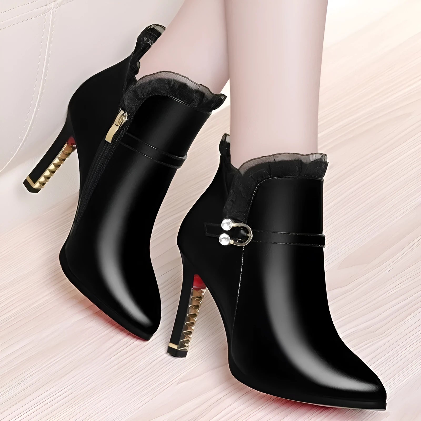 Women's over-the-knee black stiletto heel boots with side zipper and pointed toe