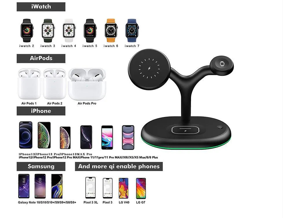 Black magnetic wireless charging stand holding a phone upright on a desk.