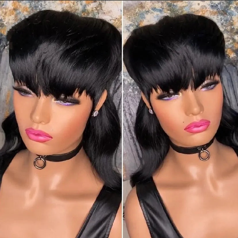 Black Brazilian synthetic wig with bangs, short front and long back hair.