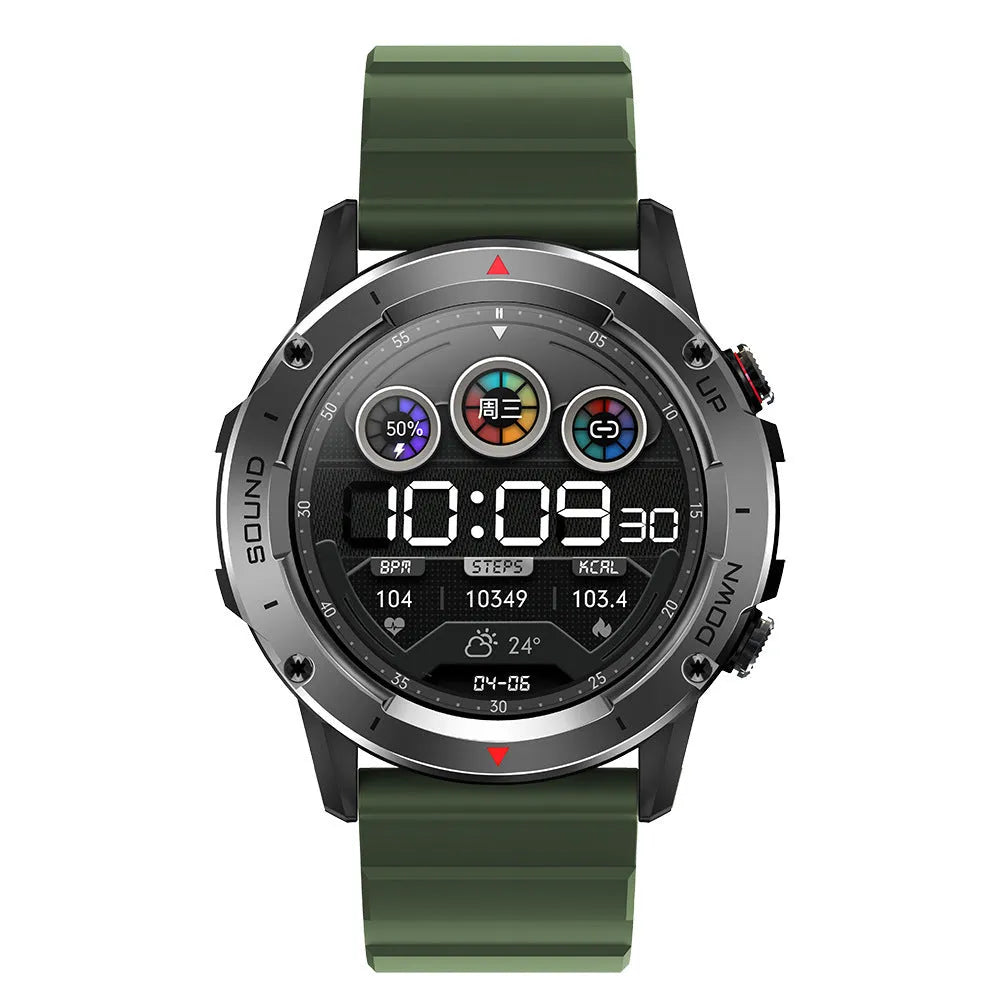 Smart silicone watch with Bluetooth calling and TFT screen, available in black, dark blue, and green