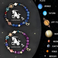 Two natural stone beaded bracelets with gold zodiac charms on a wrist, showing adjustable clasp and stone detail.