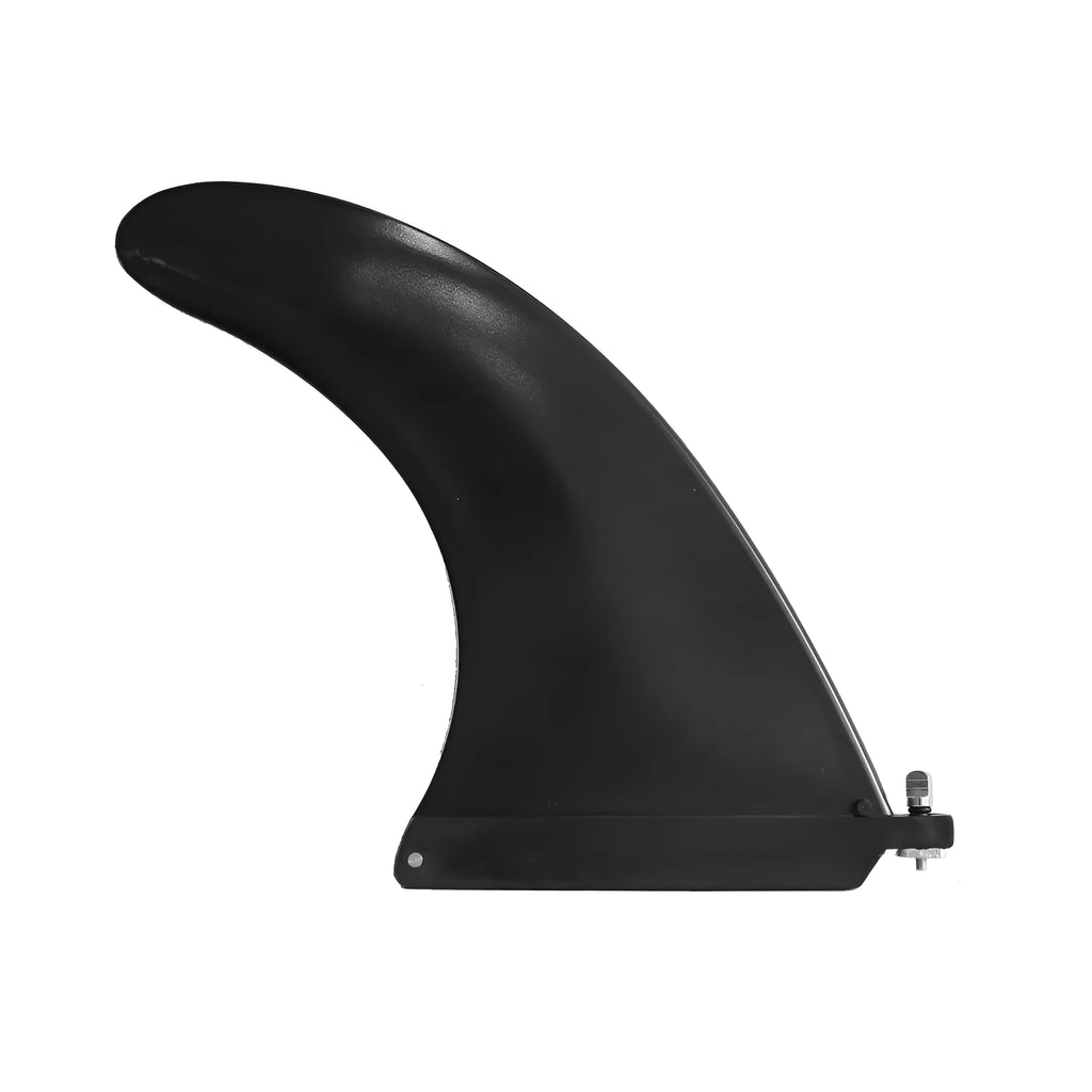 Black plastic SUP paddle with large removable fish fins for water propulsion.