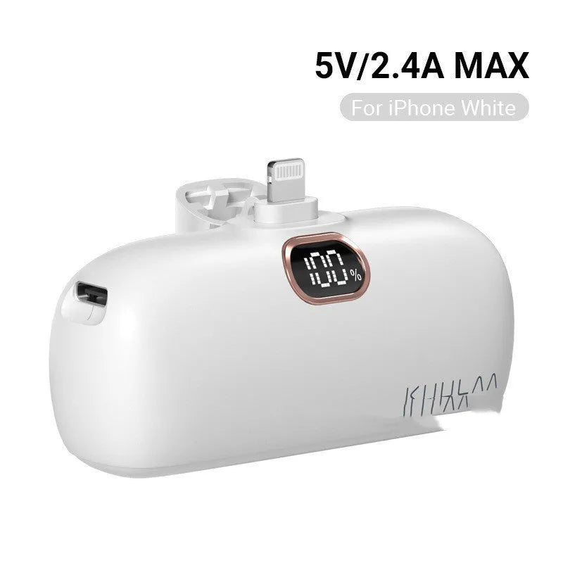 Cylindrical alloy power bank with built-in charging interface and LCD display, in black, white, or purple.