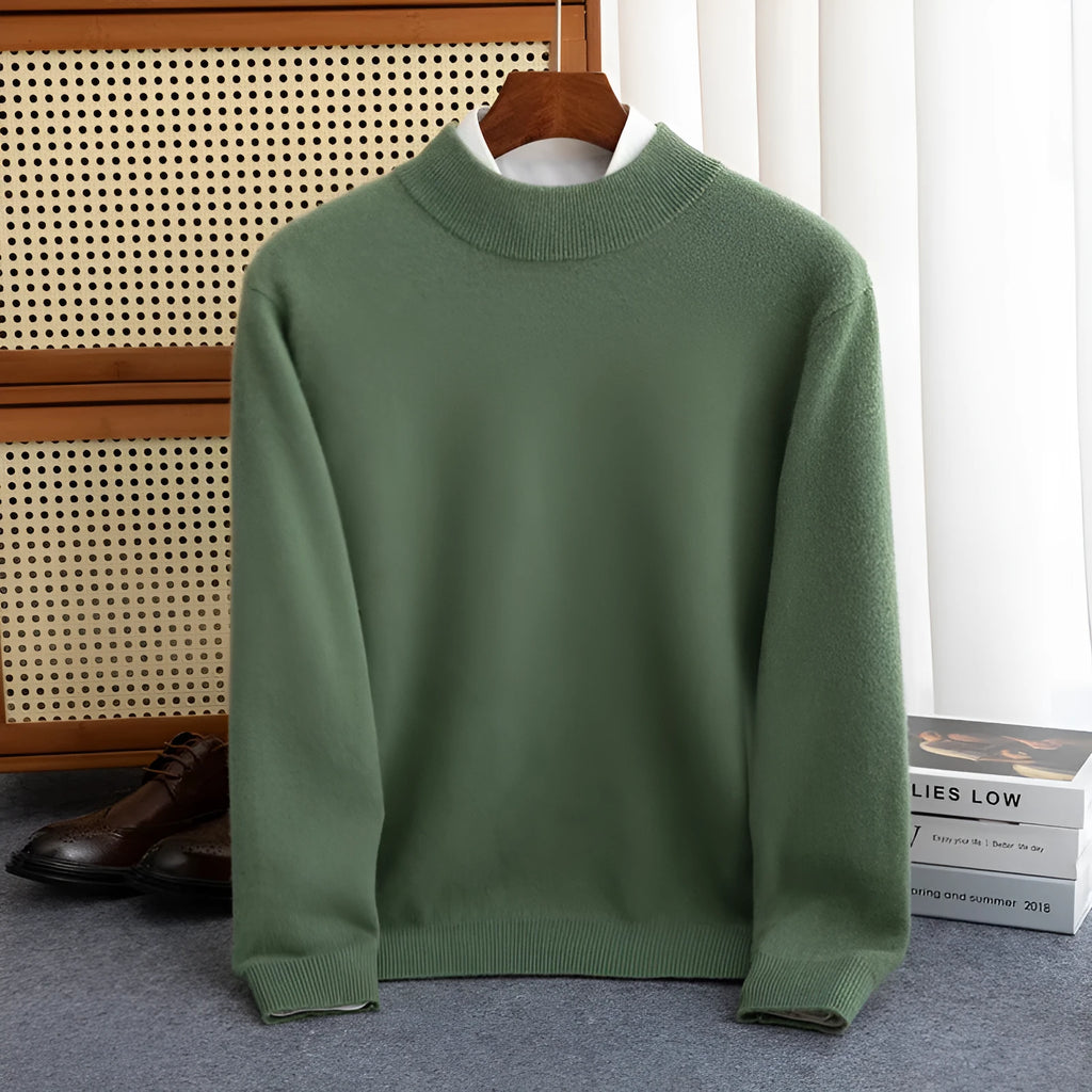 Man wearing a half-turtleneck wool sweater in camel colour, loose fit, for winter.