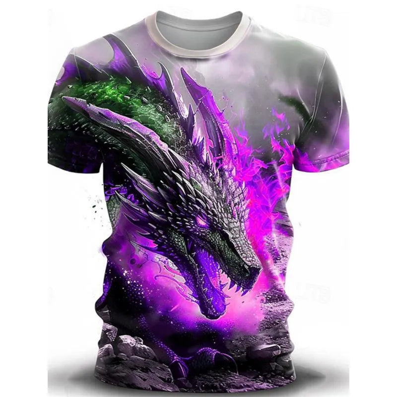 Man wearing a grey T-shirt with a detailed blue and black 3D wind dragon print across the chest.
