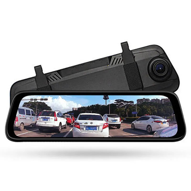 10-inch touch screen streaming dashcam rearview mirror with dual lens and blue anti-glare coating