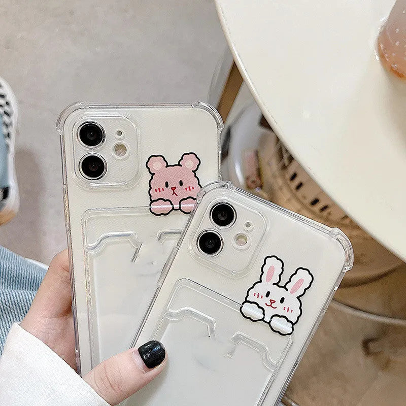 Cartoon artwork transparent TPU phone case with card holder slot for iPhone