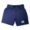 Man's loose-fit metal silk sports shorts in various colours on a hanger.