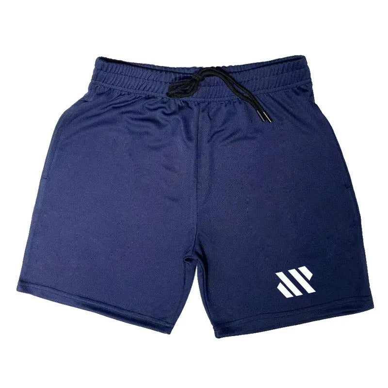 Man's loose-fit metal silk sports shorts in various colours on a hanger.