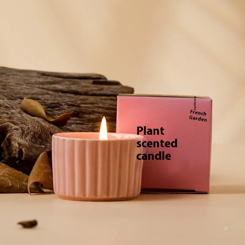 Indoor aromatherapy soy candle in ceramic cup with floral scent for bedroom use