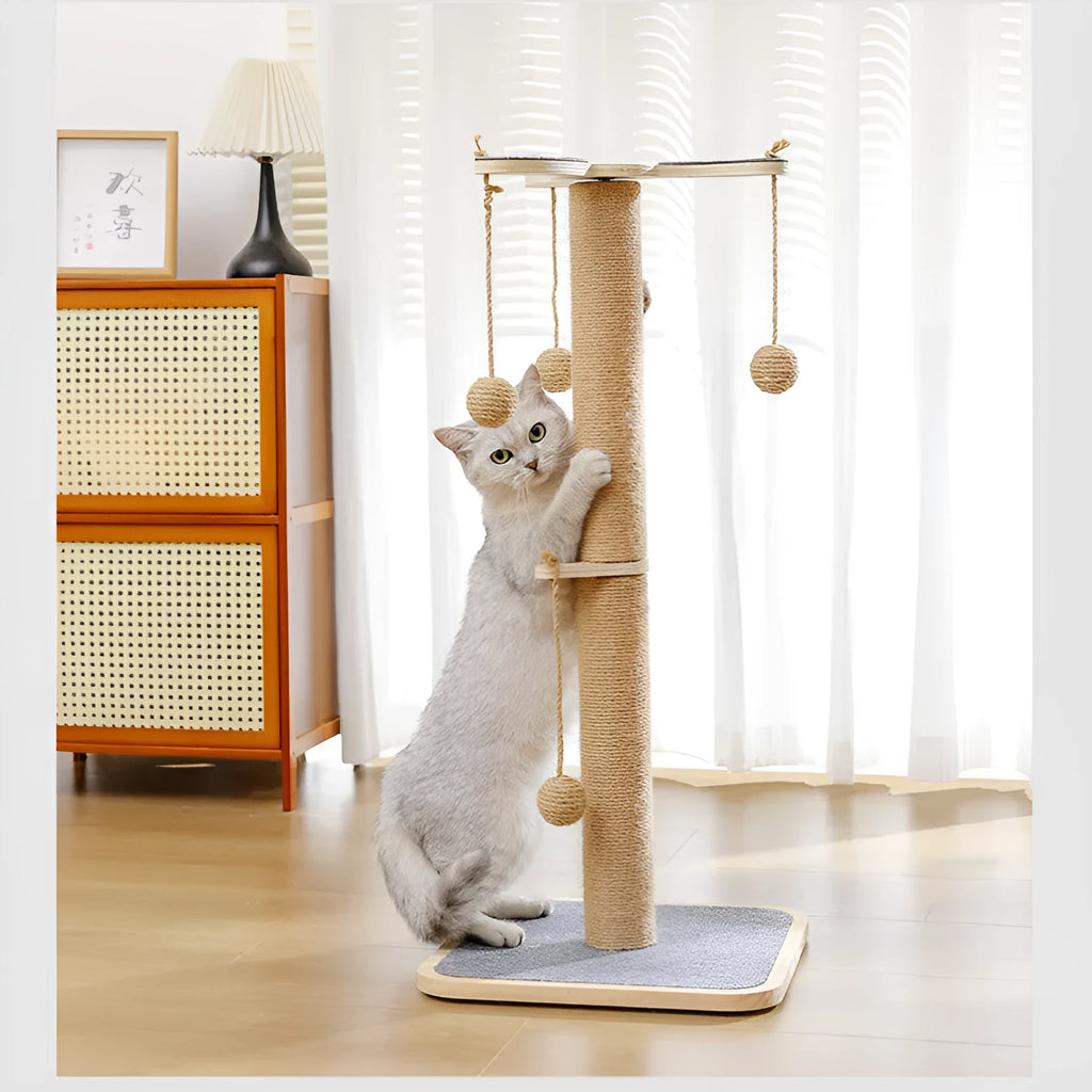 Windmill-style cat climbing frame with carpet leather covering and a white plastic ball hanging on a 40cm cord.