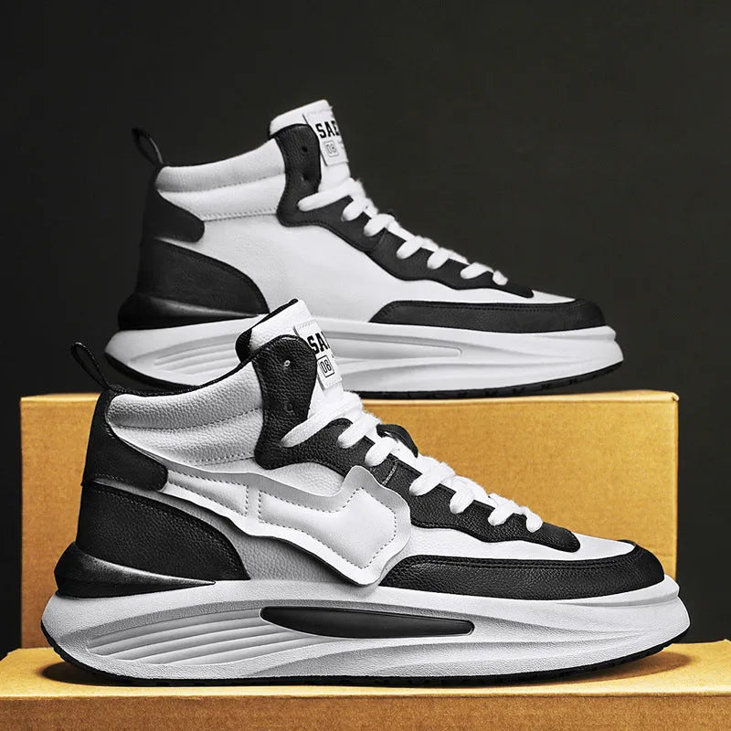 Men's black high-top platform board shoes with round toe and wear-resistant sole