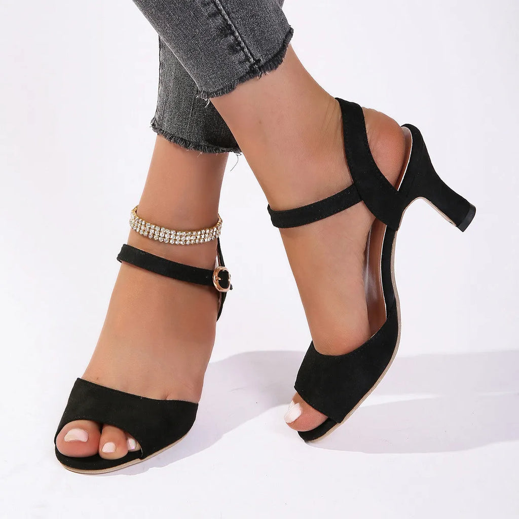 Women's high heel sandals with single buckle in suede and composite material, black upgraded version, sizes 35-43