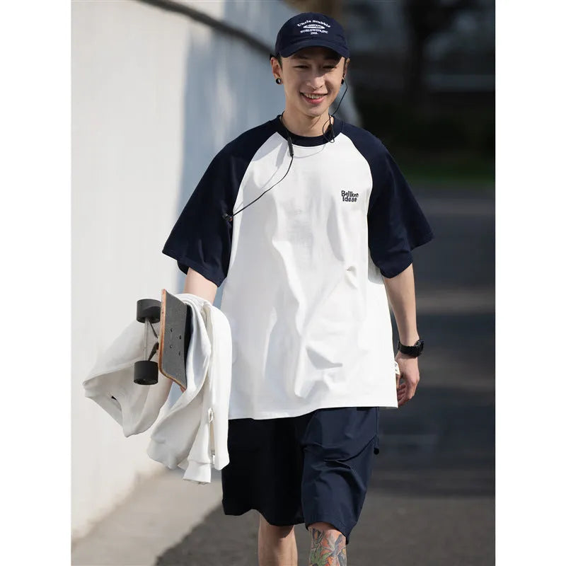 Men's casual raglan sleeve t-shirt in blue, green and grey colours with loose fit design