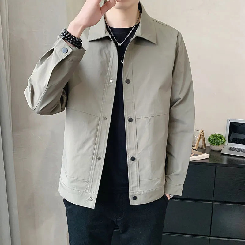 Men's Korean style thin single-layer jacket in light grey, shown front-on.
