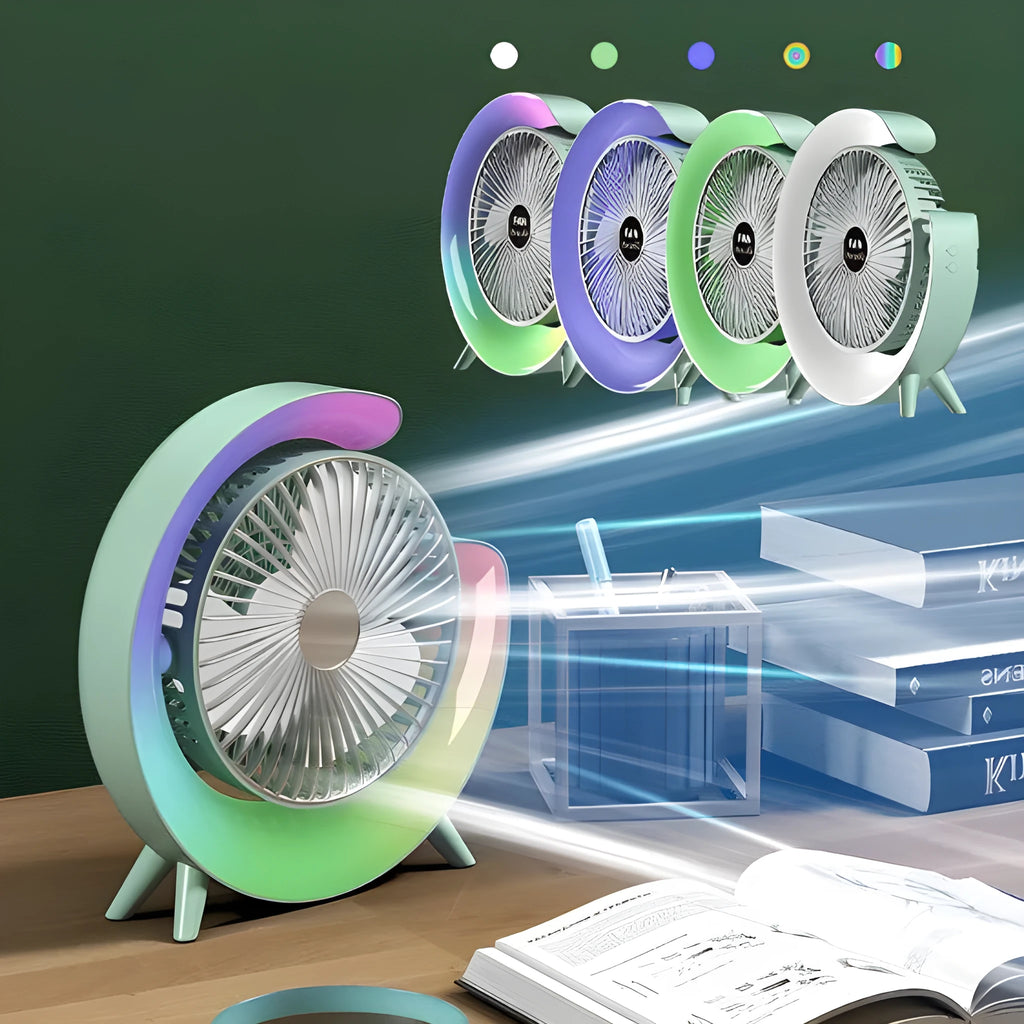 Desktop mini fan with night light in grass green showing 180-degree tilt and USB port
