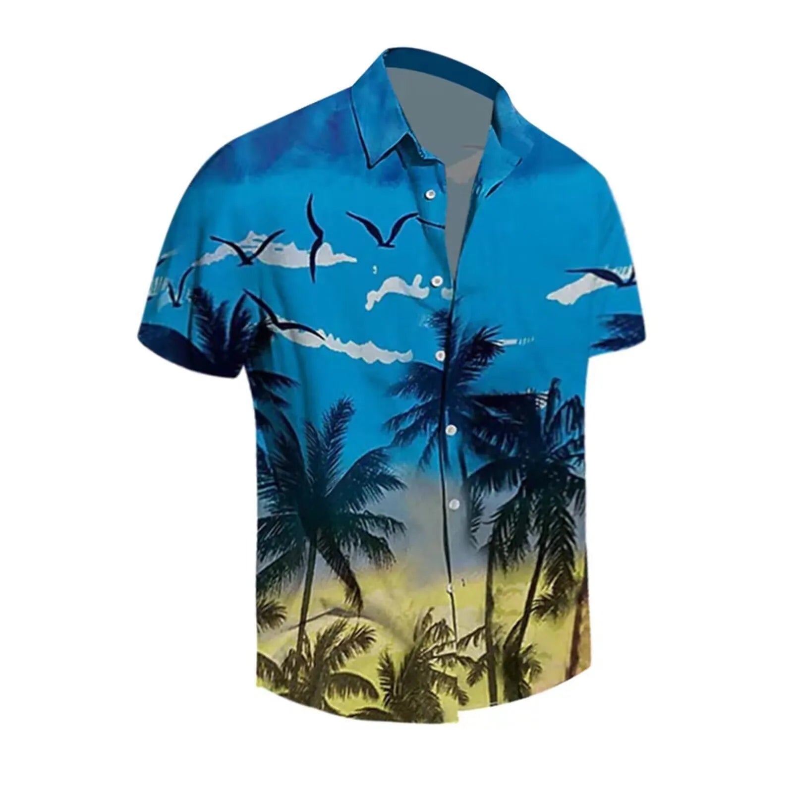 Man wearing a short-sleeved Hawaiian shirt with colourful 3D printed patterns.
