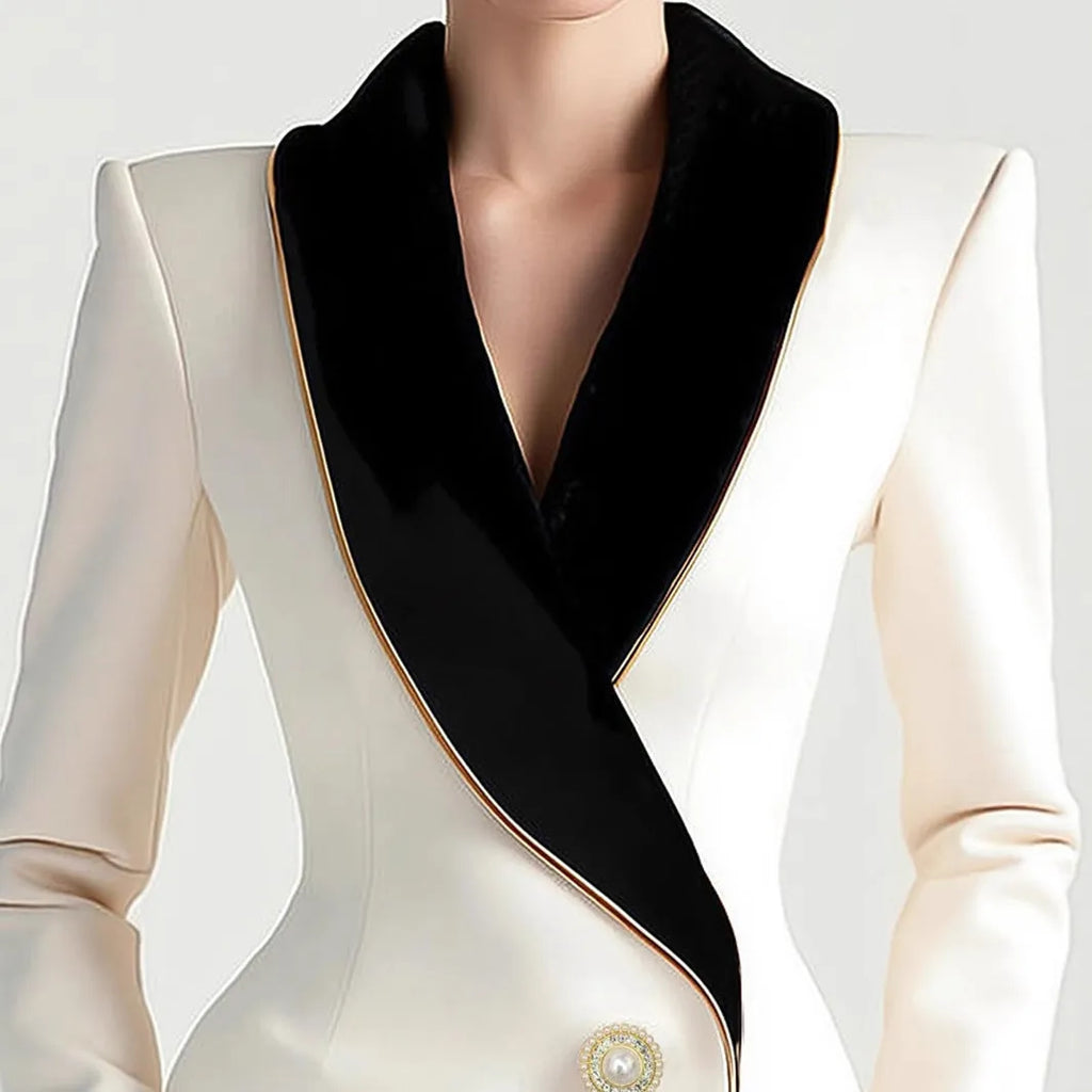 Women's irregular cut coat with golden-edged pearl buttons in milky white TR polyester fabric