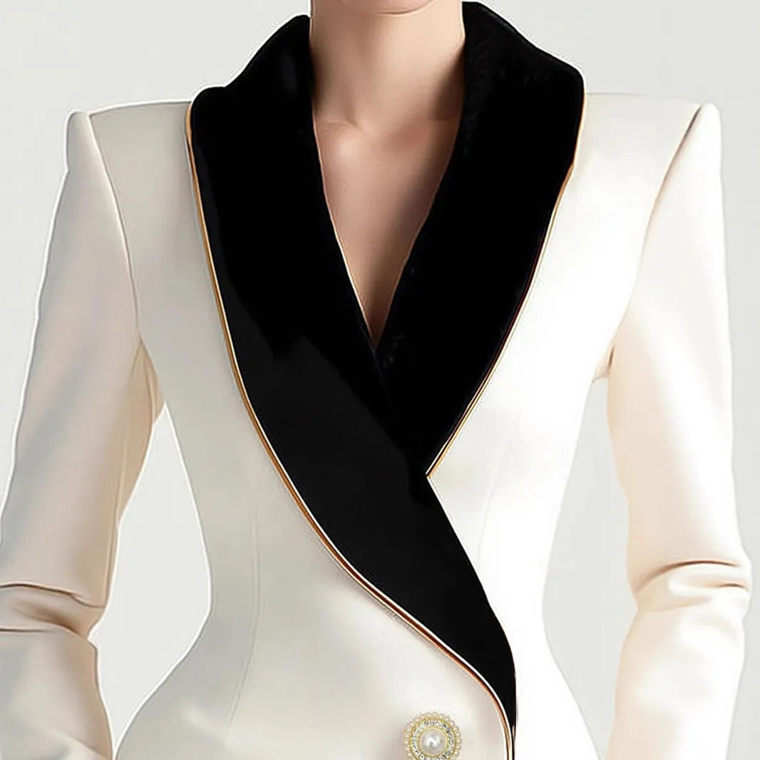 Women's irregular cut coat with golden-edged pearl buttons in milky white TR polyester fabric