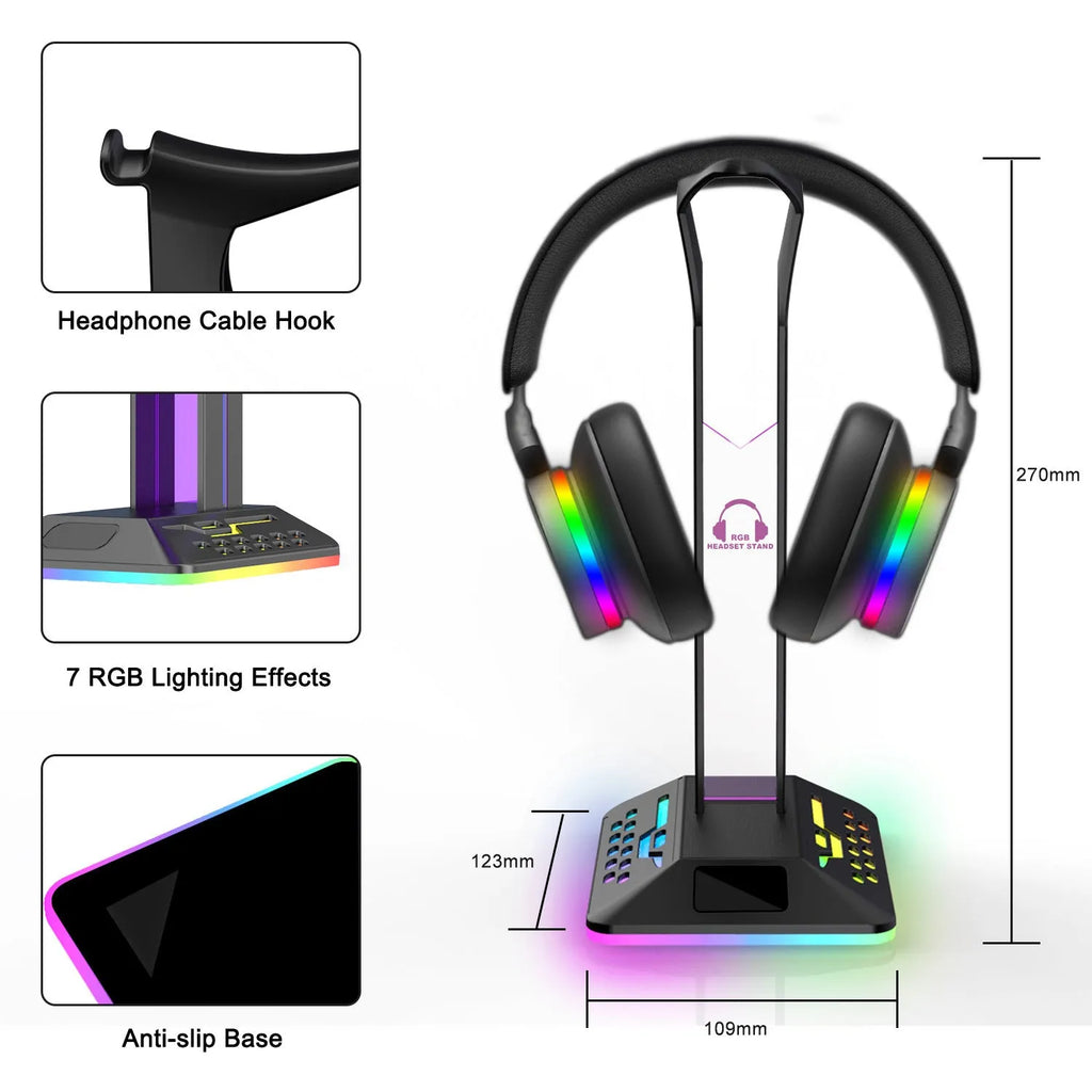 RGB illuminated headphone display stand with dual USB ports in acrylic black finish