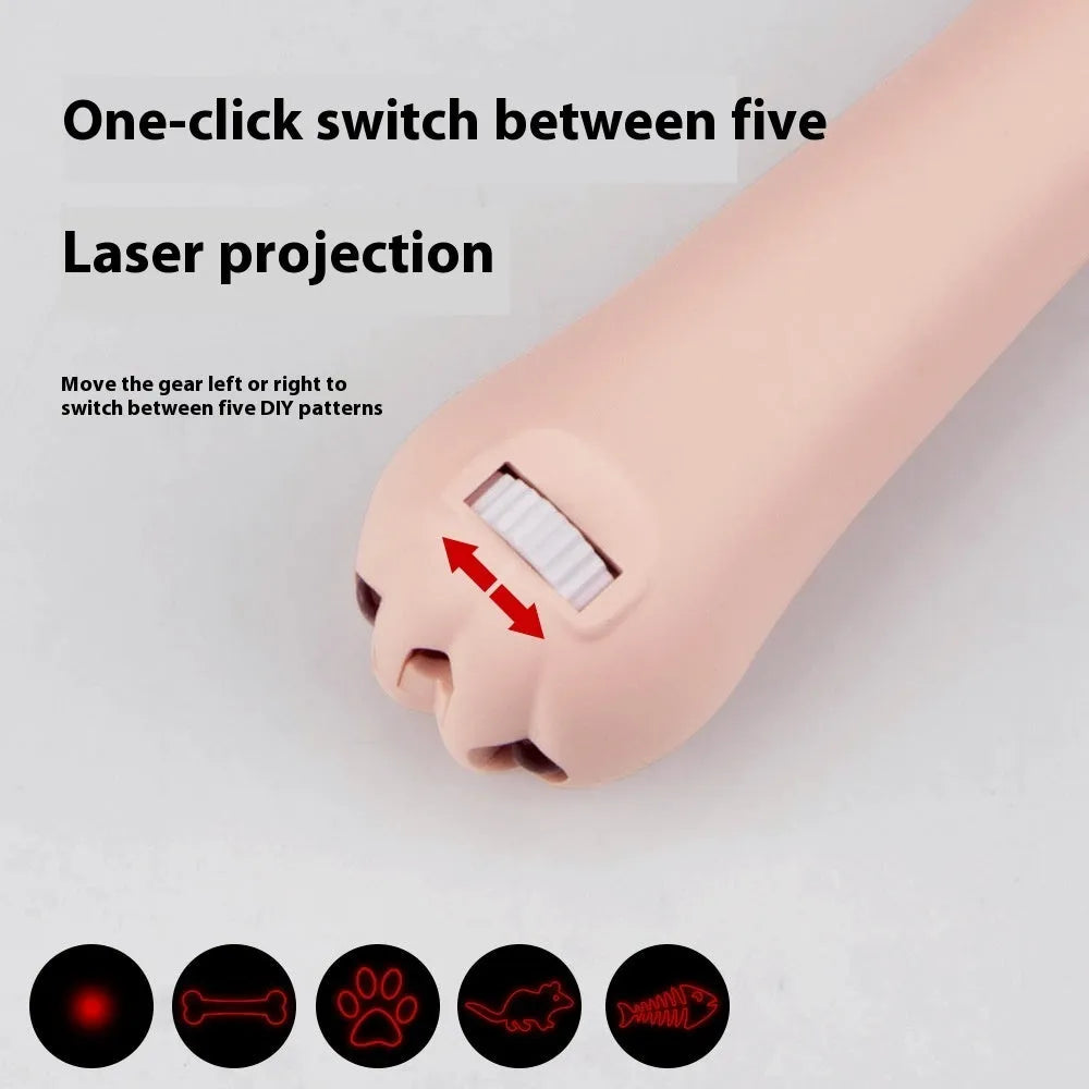 Handheld infrared cat laser toy projecting purple light patterns with colour options of blue, pink, purple, or white