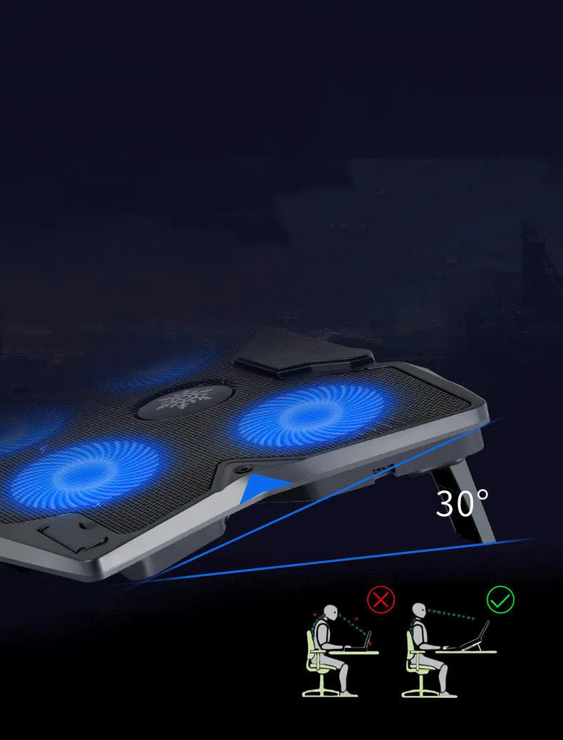 Black plastic laptop cooling stand with four fans, USB powered, measuring 406x297x30mm