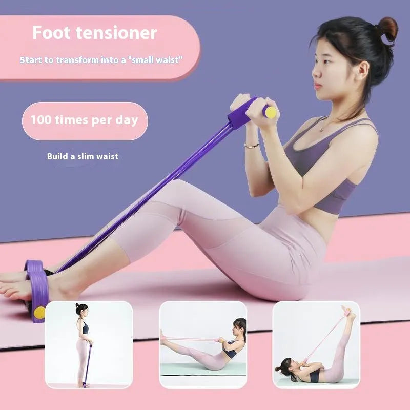 Yoga four piece fitness set with leg stretcher, pedal device, yoga ring, and tension rope.
