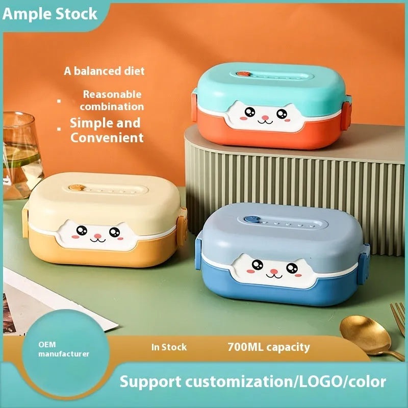 Square divided plastic lunch box with cartoon design in dark blue, orange, or pink-green colours